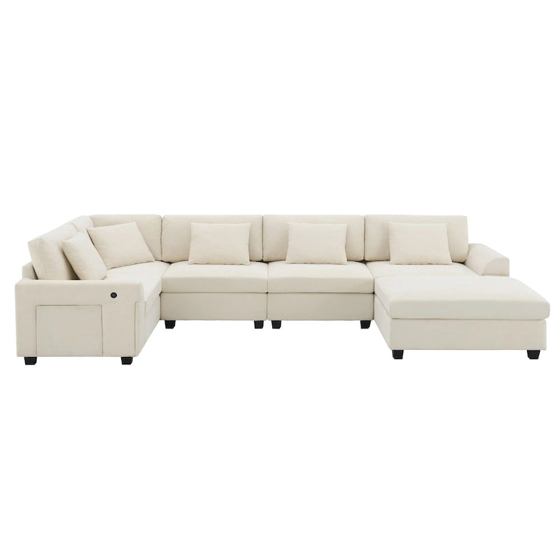 Chenille U-Shaped Sectional Sofa - 6-Seater with Storage & USB
