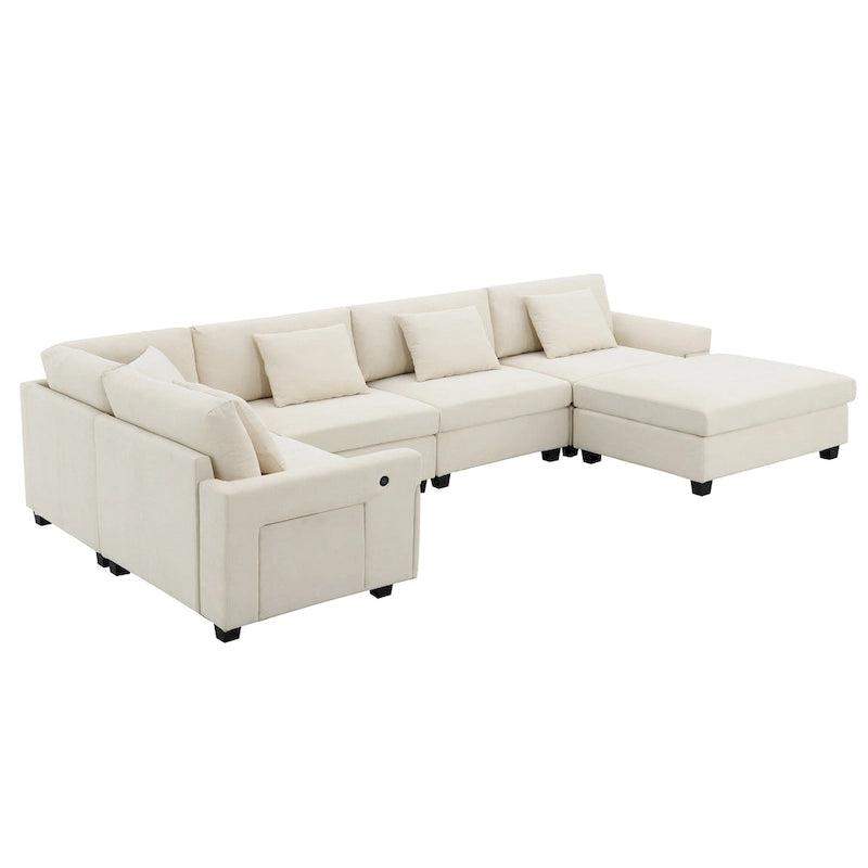 Chenille U-Shaped Sectional Sofa - 6-Seater with Storage & USB