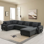 Chenille U-Shaped Sectional Sofa - 6-Seater with Storage & USB