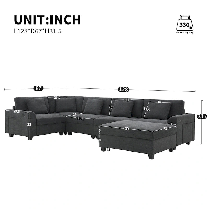 Chenille U-Shaped Sectional Sofa - 6-Seater with Storage & USB