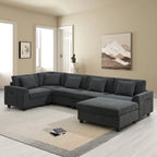 Chenille U-Shaped Sectional Sofa - 6-Seater with Storage & USB