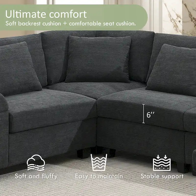 Chenille U-Shaped Sectional Sofa - 6-Seater with Storage & USB