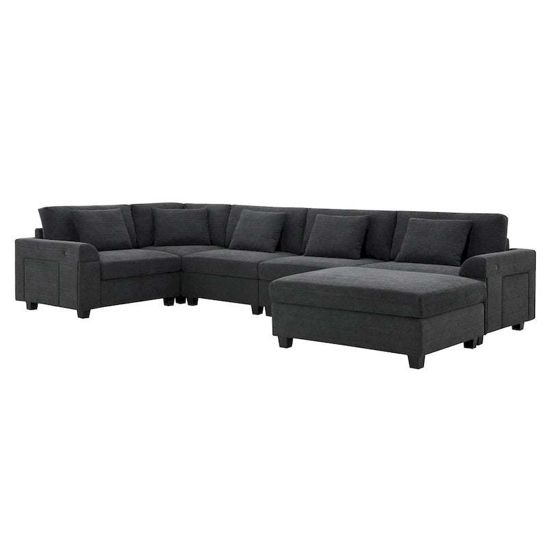 Chenille U-Shaped Sectional Sofa - 6-Seater with Storage & USB