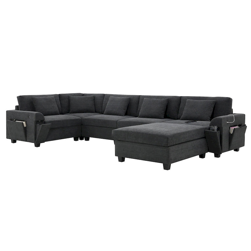 Chenille U-Shaped Sectional Sofa - 6-Seater with Storage & USB
