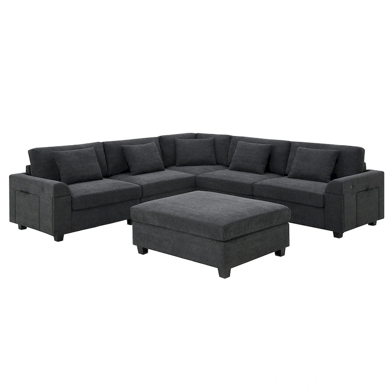 Chenille U-Shaped Sectional Sofa - 6-Seater with Storage & USB