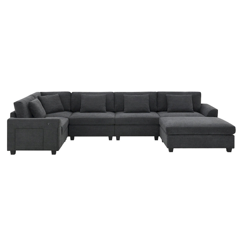Chenille U-Shaped Sectional Sofa - 6-Seater with Storage & USB