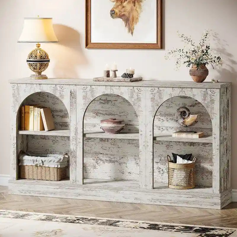 63" Console Table with 3-Tier Storage, White/Black/Brown