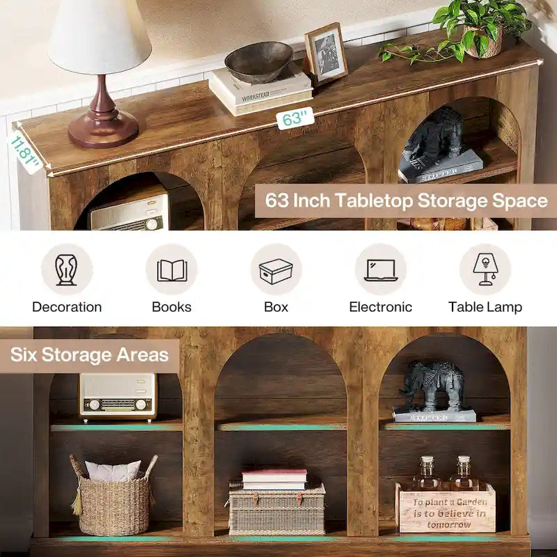 63" Console Table with 3-Tier Storage, White/Black/Brown