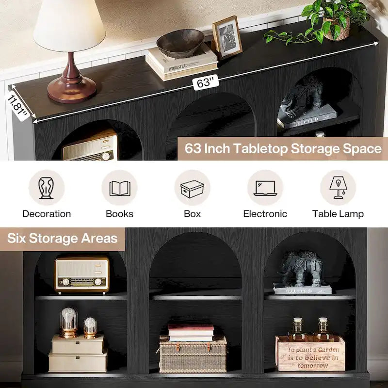 63" Console Table with 3-Tier Storage, White/Black/Brown