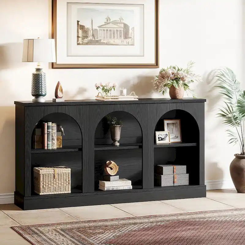 63" Console Table with 3-Tier Storage, White/Black/Brown