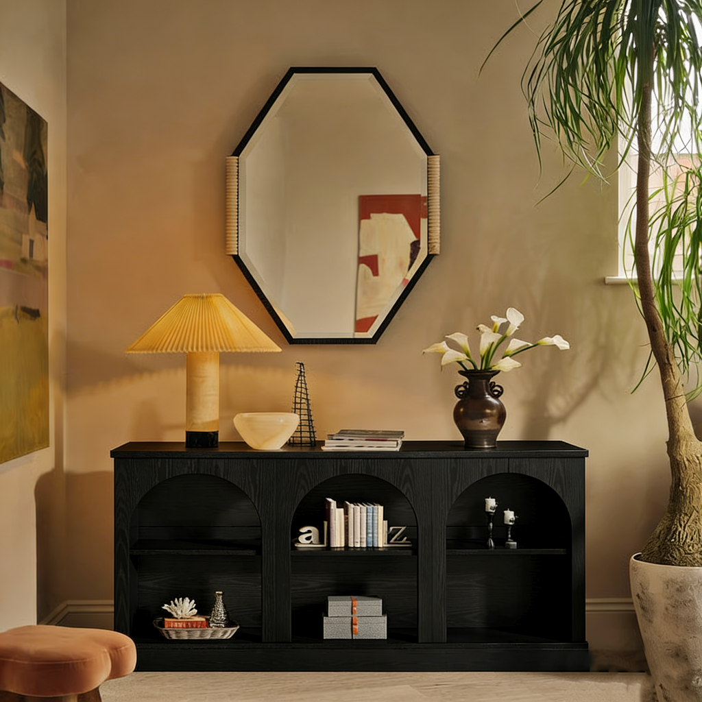 63" Console Table with 3-Tier Storage, White/Black/Brown