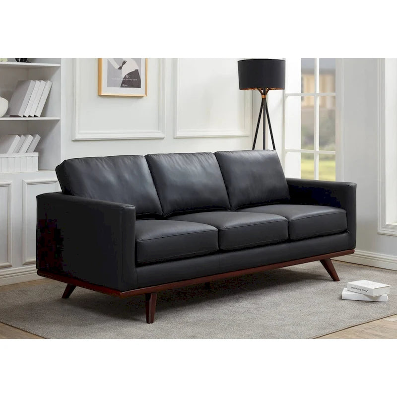 Leather 3-Seater Sofa - 83" with Birch Wood Base