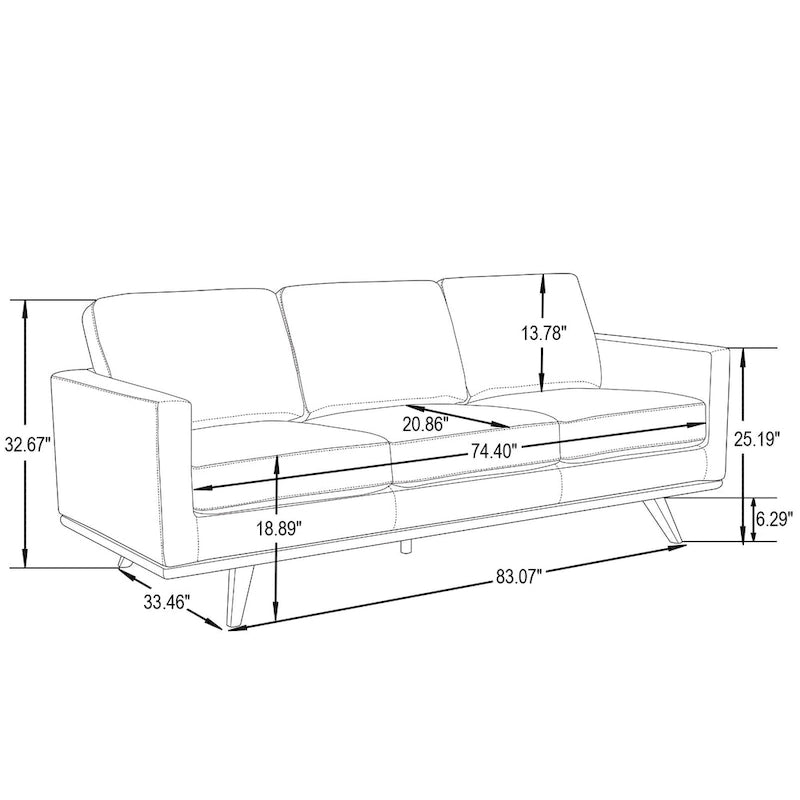 Leather 3-Seater Sofa - 83" with Birch Wood Base