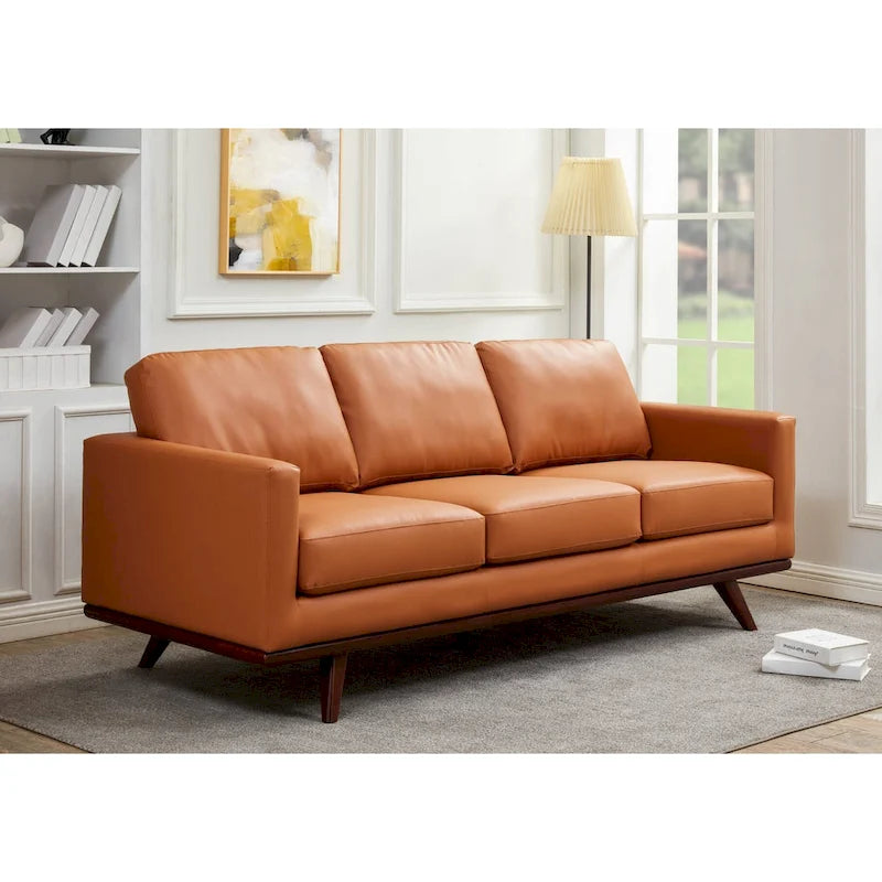Leather 3-Seater Sofa - 83" with Birch Wood Base