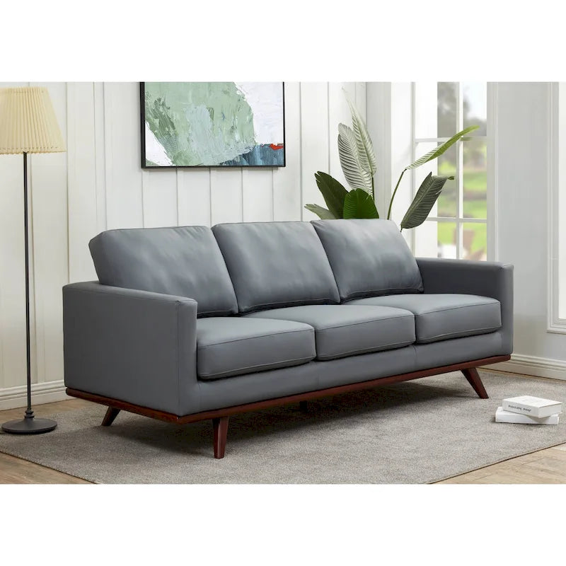 Leather 3-Seater Sofa - 83" with Birch Wood Base