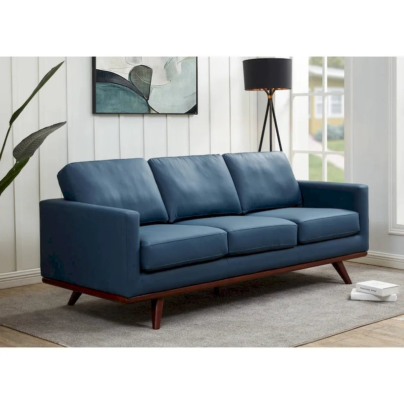 Leather 3-Seater Sofa - 83" with Birch Wood Base