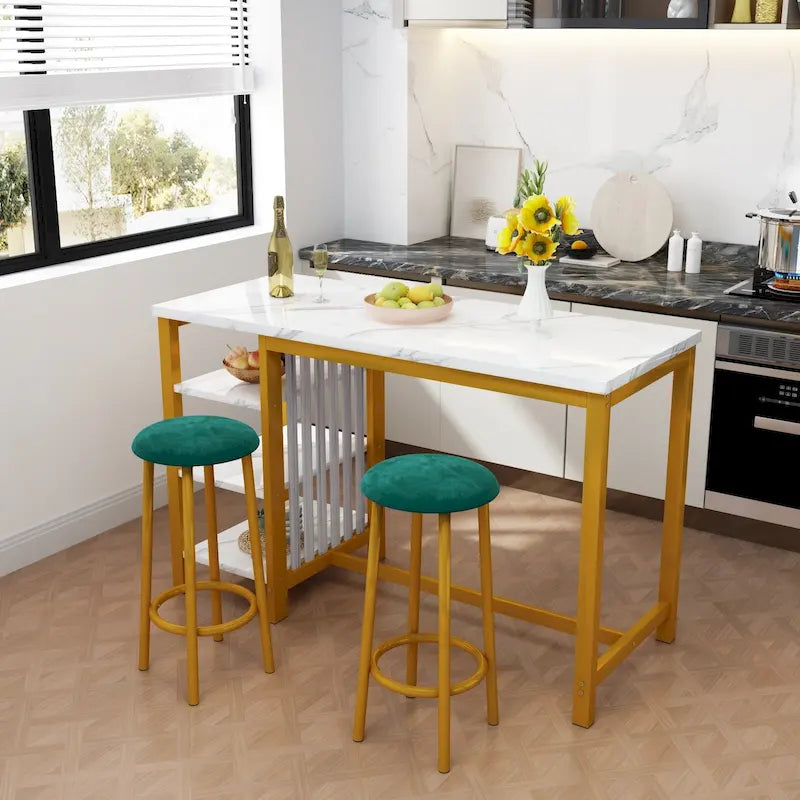 Faux Marble Bar Table Set - 3-Piece with Emerald Stools for 2