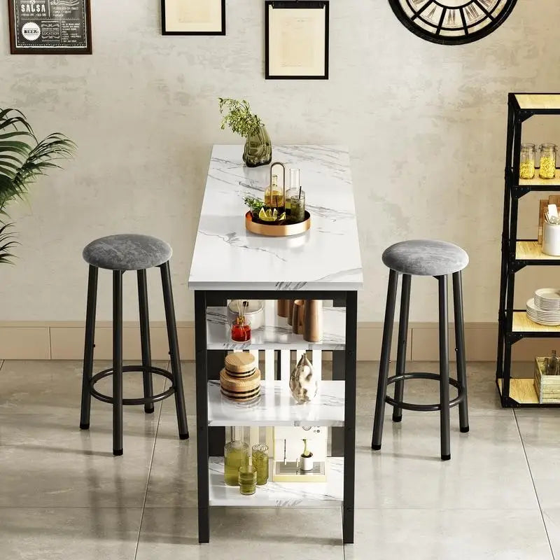 Faux Marble Bar Table Set - 3-Piece with Emerald Stools for 2