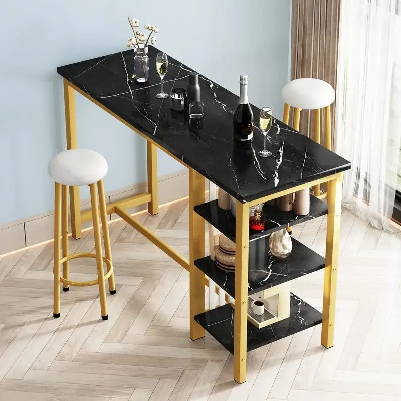 Faux Marble Bar Table Set - 3-Piece with Emerald Stools for 2