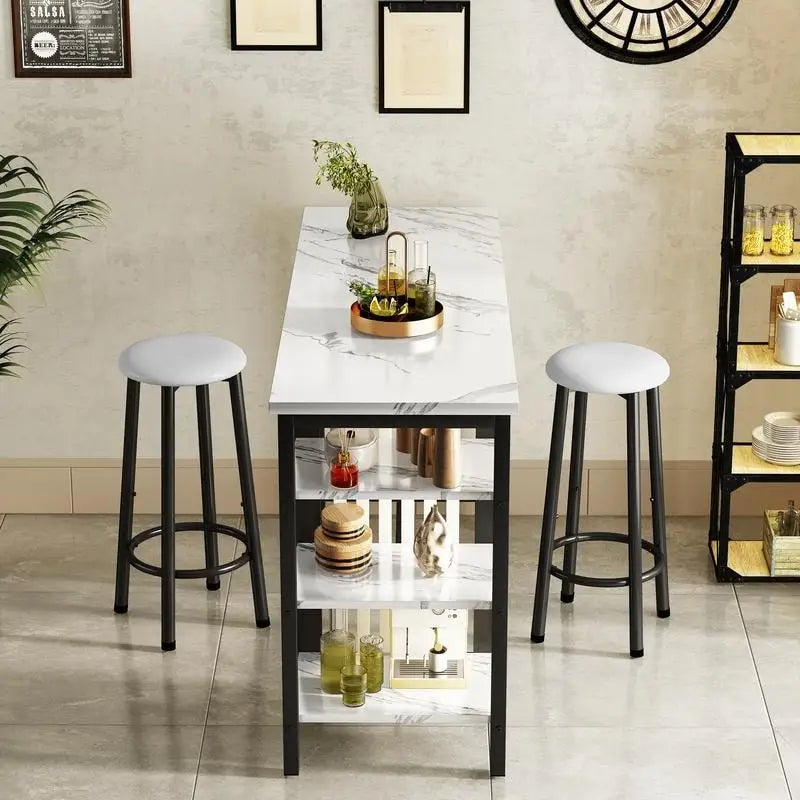 Faux Marble Bar Table Set - 3-Piece with Emerald Stools for 2