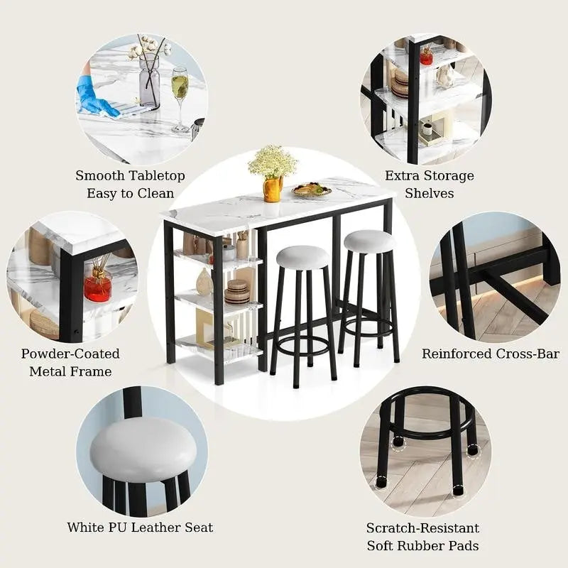 Faux Marble Bar Table Set - 3-Piece with Emerald Stools for 2