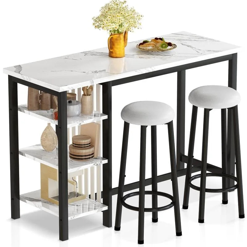 Faux Marble Bar Table Set - 3-Piece with Emerald Stools for 2