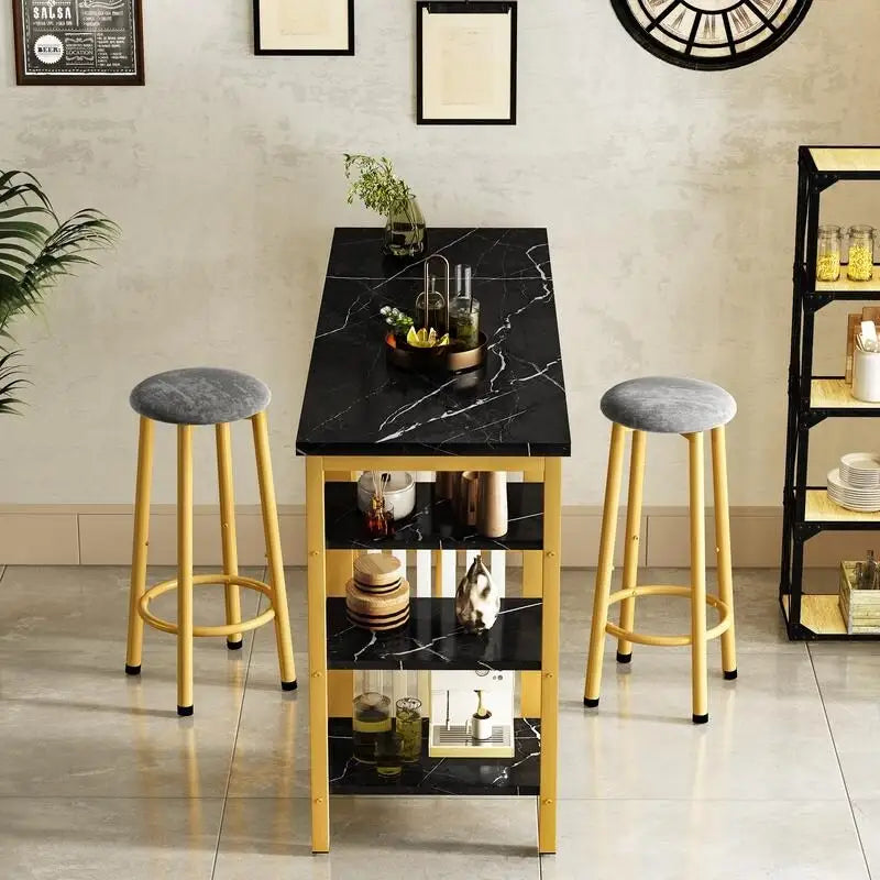 Faux Marble Bar Table Set - 3-Piece with Emerald Stools for 2