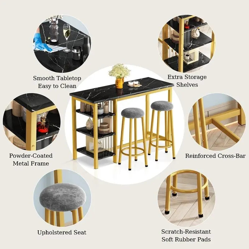 Faux Marble Bar Table Set - 3-Piece with Emerald Stools for 2