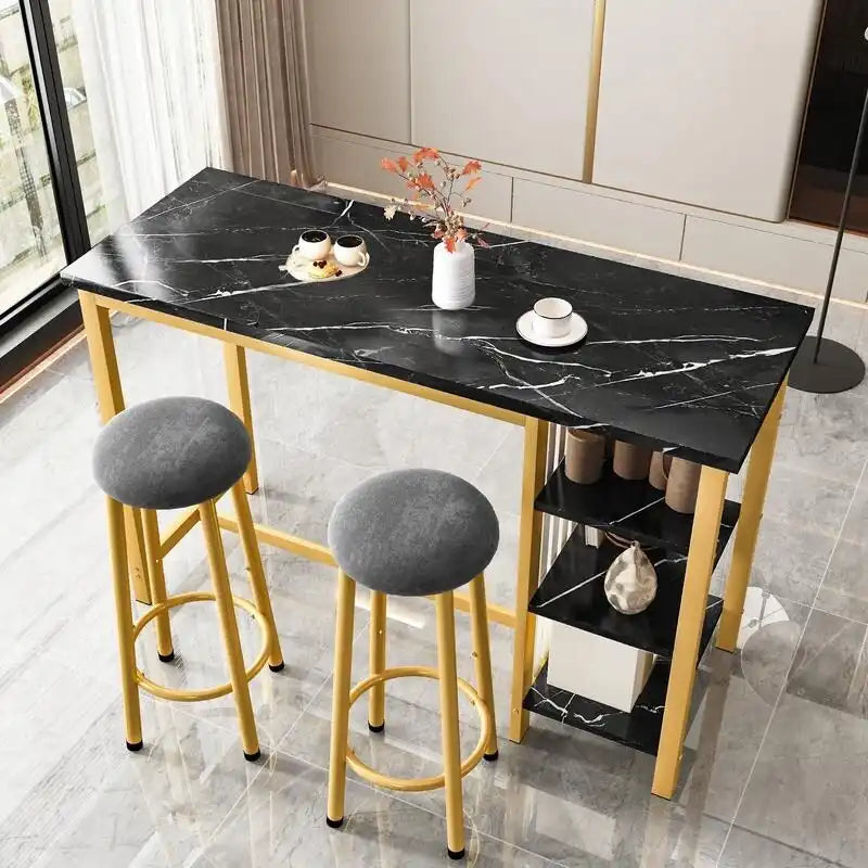 Faux Marble Bar Table Set - 3-Piece with Emerald Stools for 2