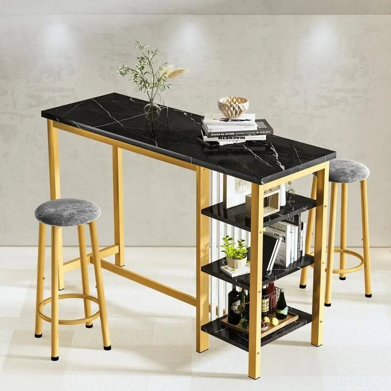 Faux Marble Bar Table Set - 3-Piece with Emerald Stools for 2