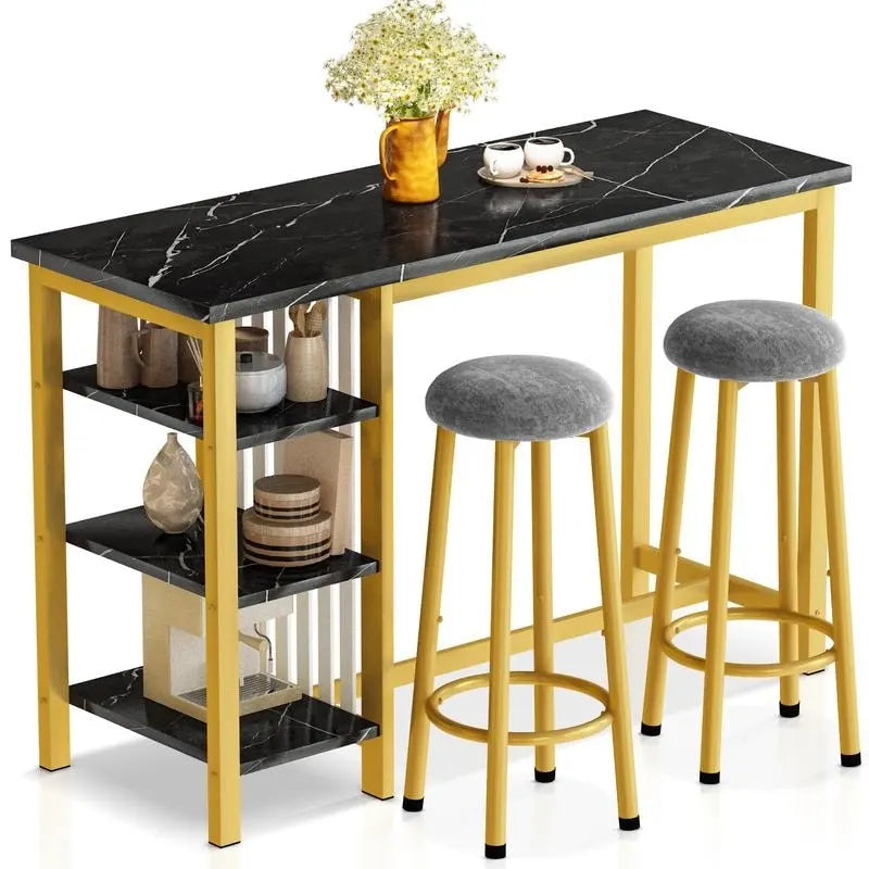 Faux Marble Bar Table Set - 3-Piece with Emerald Stools for 2