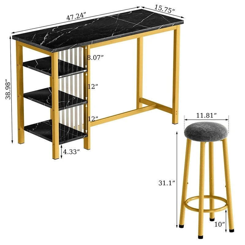 Faux Marble Bar Table Set - 3-Piece with Emerald Stools for 2