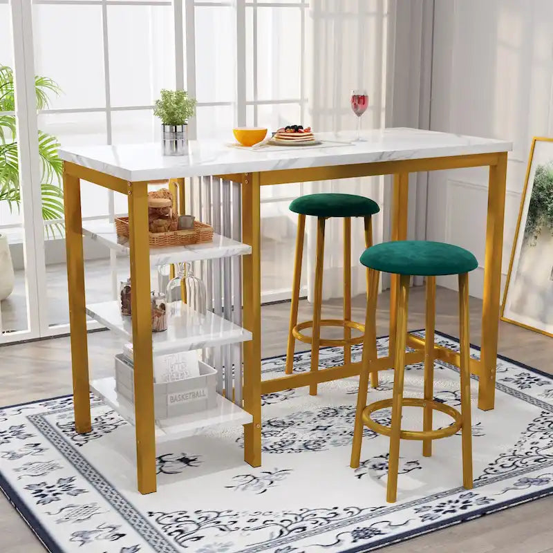 Faux Marble Bar Table Set - 3-Piece with Emerald Stools for 2