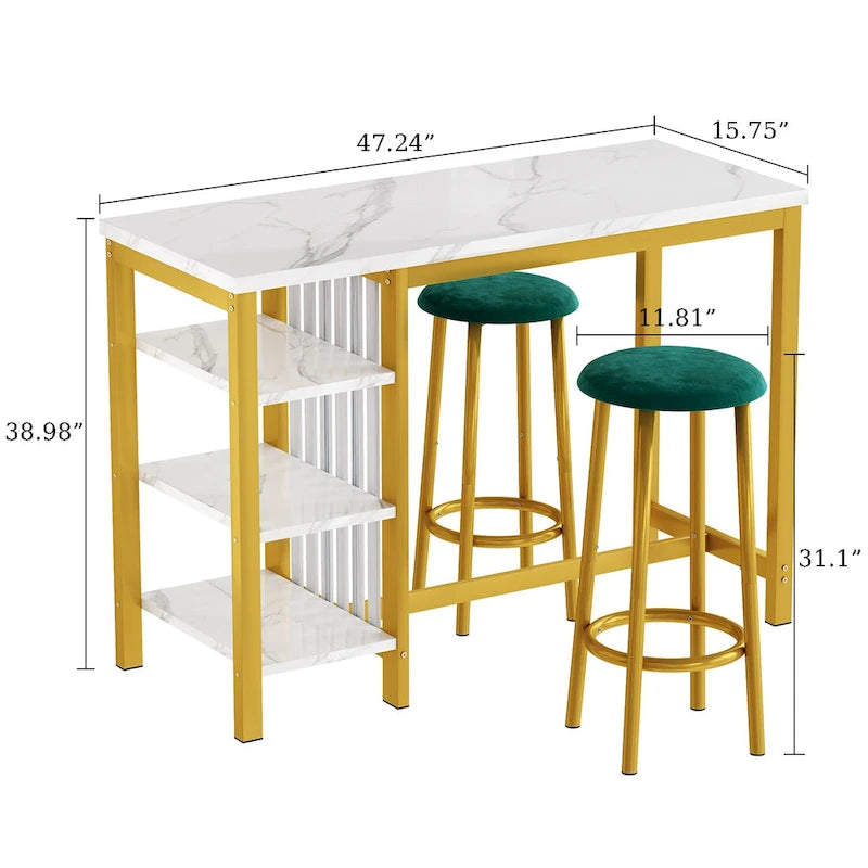 Faux Marble Bar Table Set - 3-Piece with Emerald Stools for 2