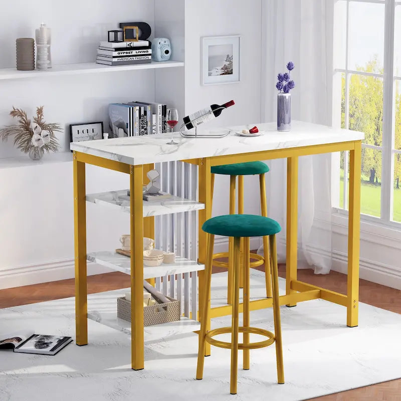 Faux Marble Bar Table Set - 3-Piece with Emerald Stools for 2