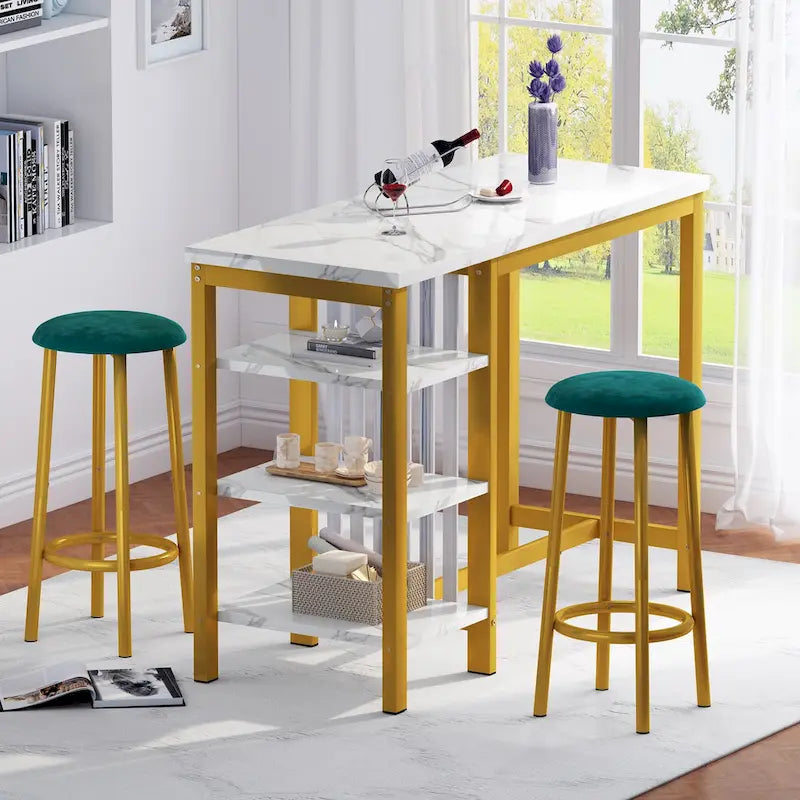 Faux Marble Bar Table Set - 3-Piece with Emerald Stools for 2