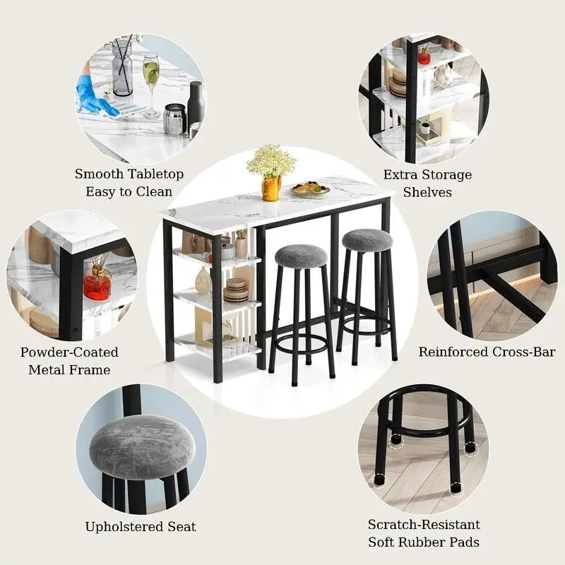 Faux Marble Bar Table Set - 3-Piece with Emerald Stools for 2