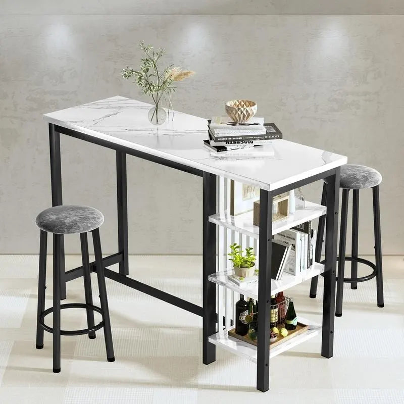 Faux Marble Bar Table Set - 3-Piece with Emerald Stools for 2