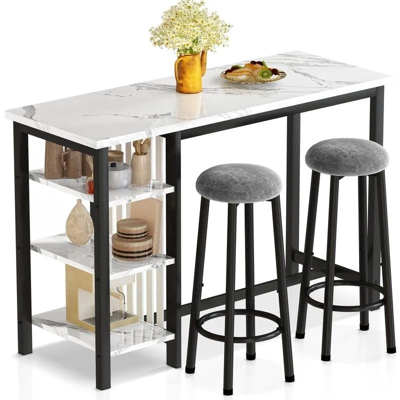 Faux Marble Bar Table Set - 3-Piece with Emerald Stools for 2