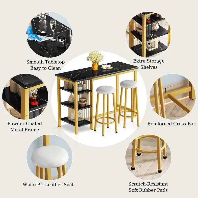 Faux Marble Bar Table Set - 3-Piece with Emerald Stools for 2