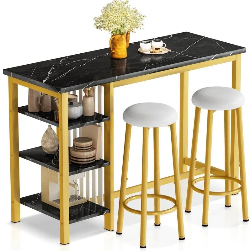 Faux Marble Bar Table Set - 3-Piece with Emerald Stools for 2