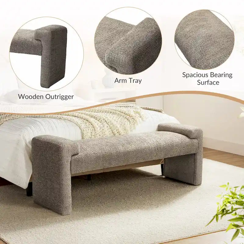 Gray Upholstered Bench - 45" for 2-3 People with Armrests