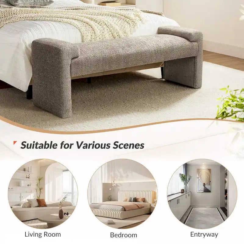 Gray Upholstered Bench - 45" for 2-3 People with Armrests