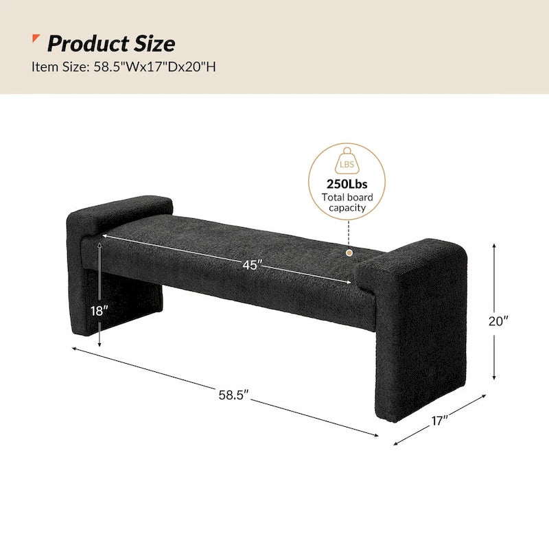 Gray Upholstered Bench - 45" for 2-3 People with Armrests