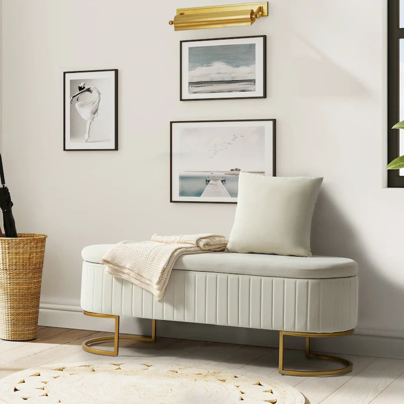 Green Velvet Storage Bench with Gold Legs - 50" Wide