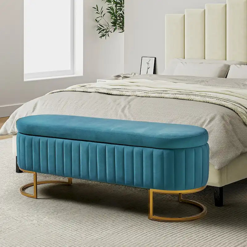 Green Velvet Storage Bench with Gold Legs - 50" Wide