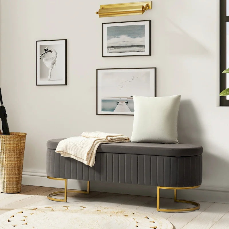 Green Velvet Storage Bench with Gold Legs - 50" Wide
