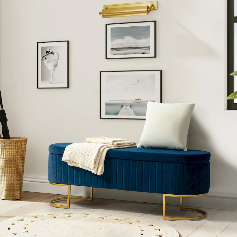 Green Velvet Storage Bench with Gold Legs - 50" Wide