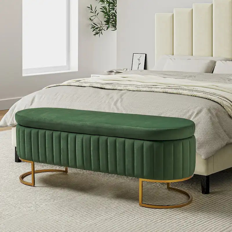 Green Velvet Storage Bench with Gold Legs - 50" Wide