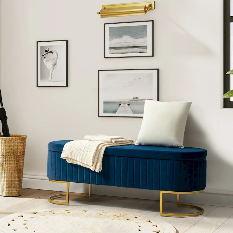Green Velvet Storage Bench with Gold Legs - 50" Wide